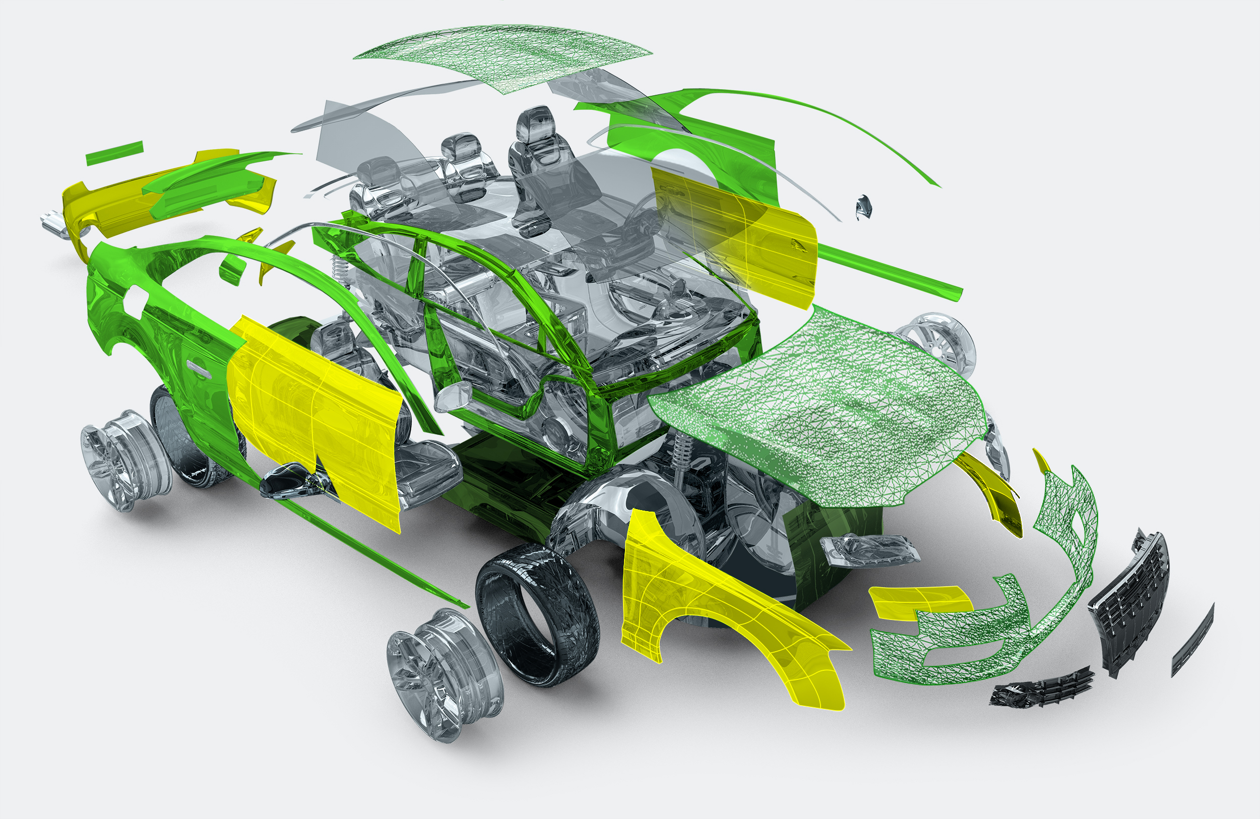 Vision éclatée d'un véhicule en contrôle dimensionnel 3d via le logiciel Polyworks Inspector