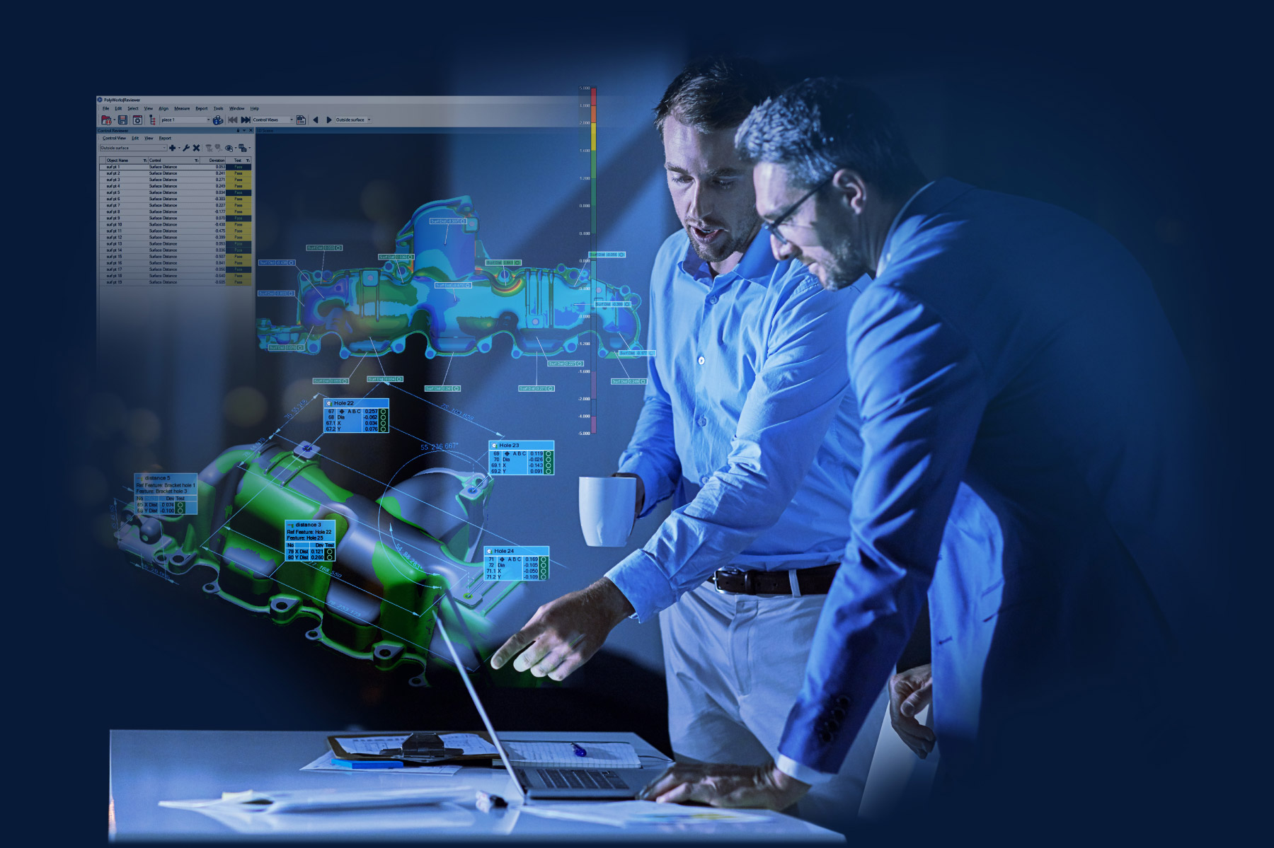 des ingénieurs effectuant de la métrologie grâce à Polyworks Inspector