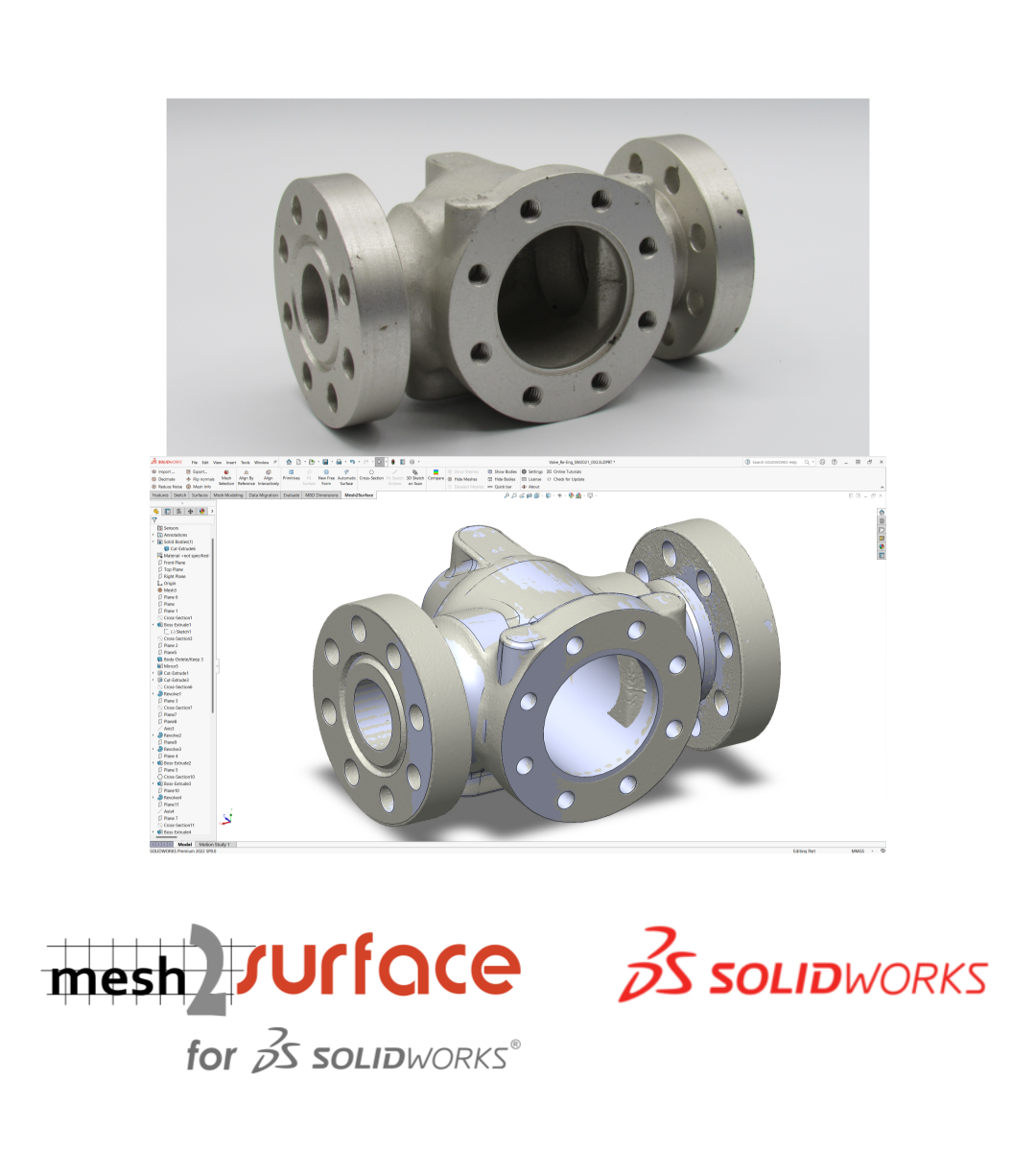 modélisation 3d d'un connecteur pour tuyau pipeline tube dans solidworks sur base de scan 3d avec le plugin Mesh2Surface