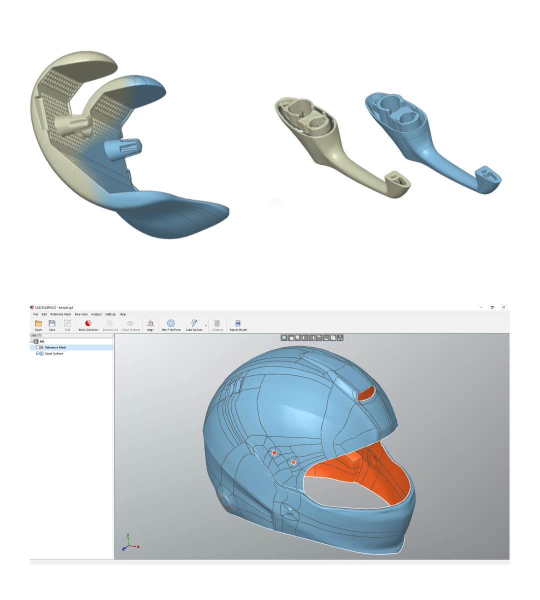 modélisation 3d de pièces plastiques et d'un casque de moto dans le logiciel de reverse engineering QuickSurface