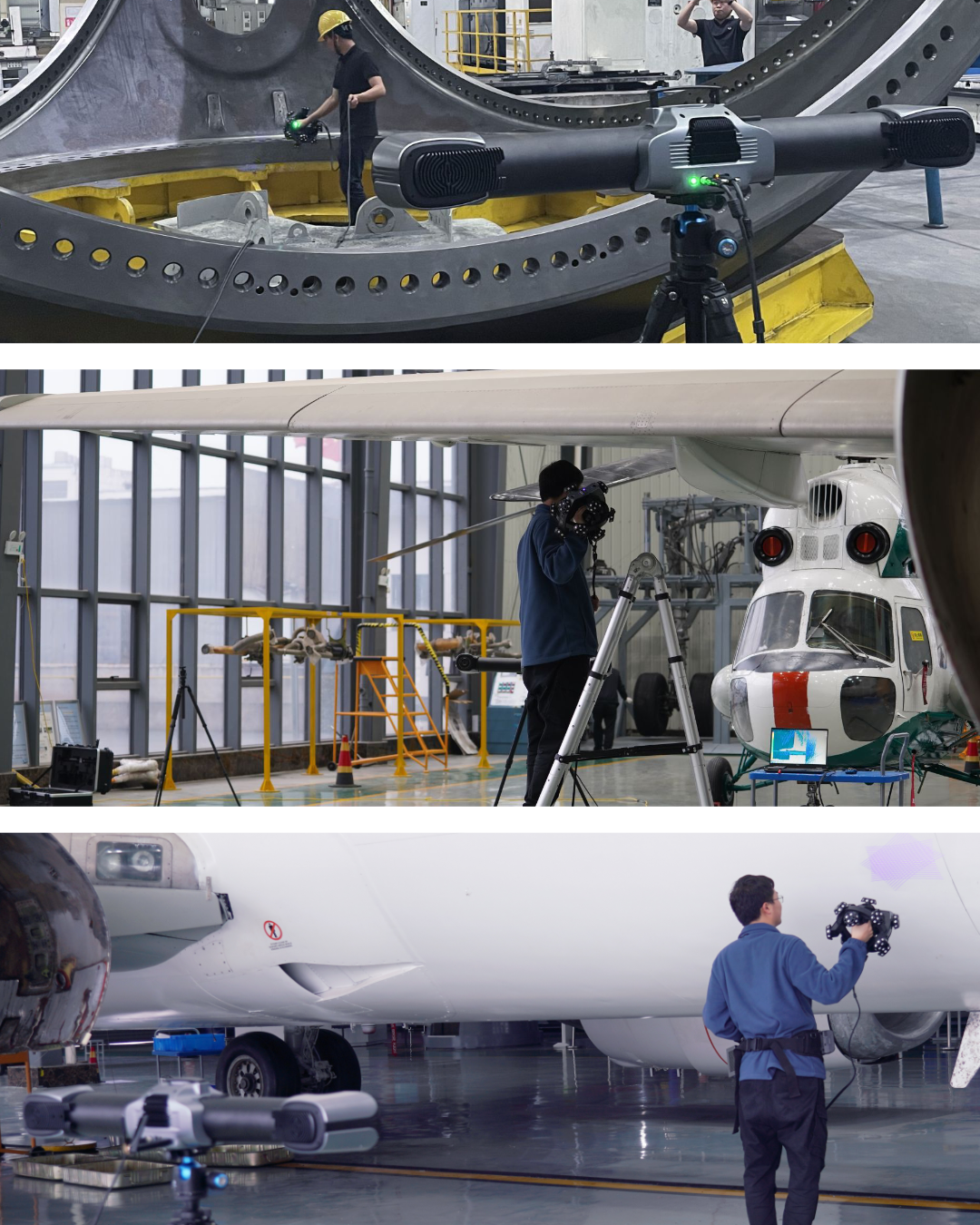 scan 3d de différents éléments avec le trackscan de scantech incluant une très grosse piéce d'eolienne, un avion, un hélicoptère