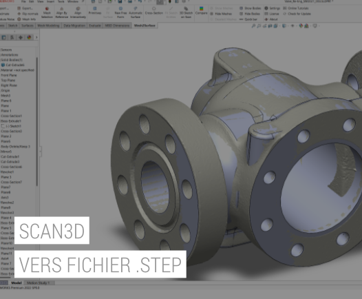 rétroconception d'un scan 3d d'une pièce pour l'industrie dans le logiciel solidworks et mesh2surface