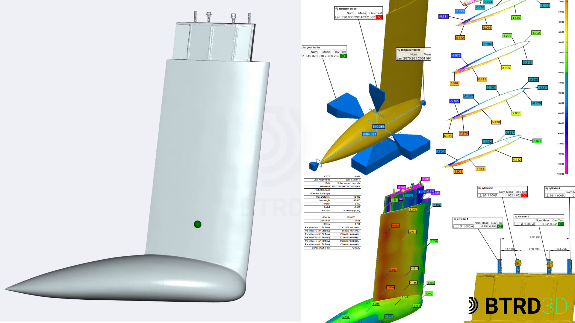 plusieurs vues 3d d'une inspection d'une quille de bateau capturée au scanner 3d